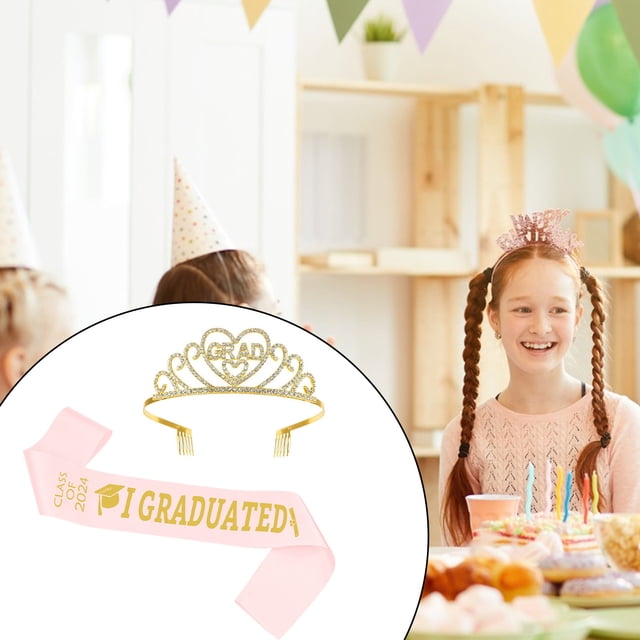 YAOBAMM Fine Workmanship Tiara Sparkling Graduation Crown Belt Set Letter Print Tiara Adult Party Favors