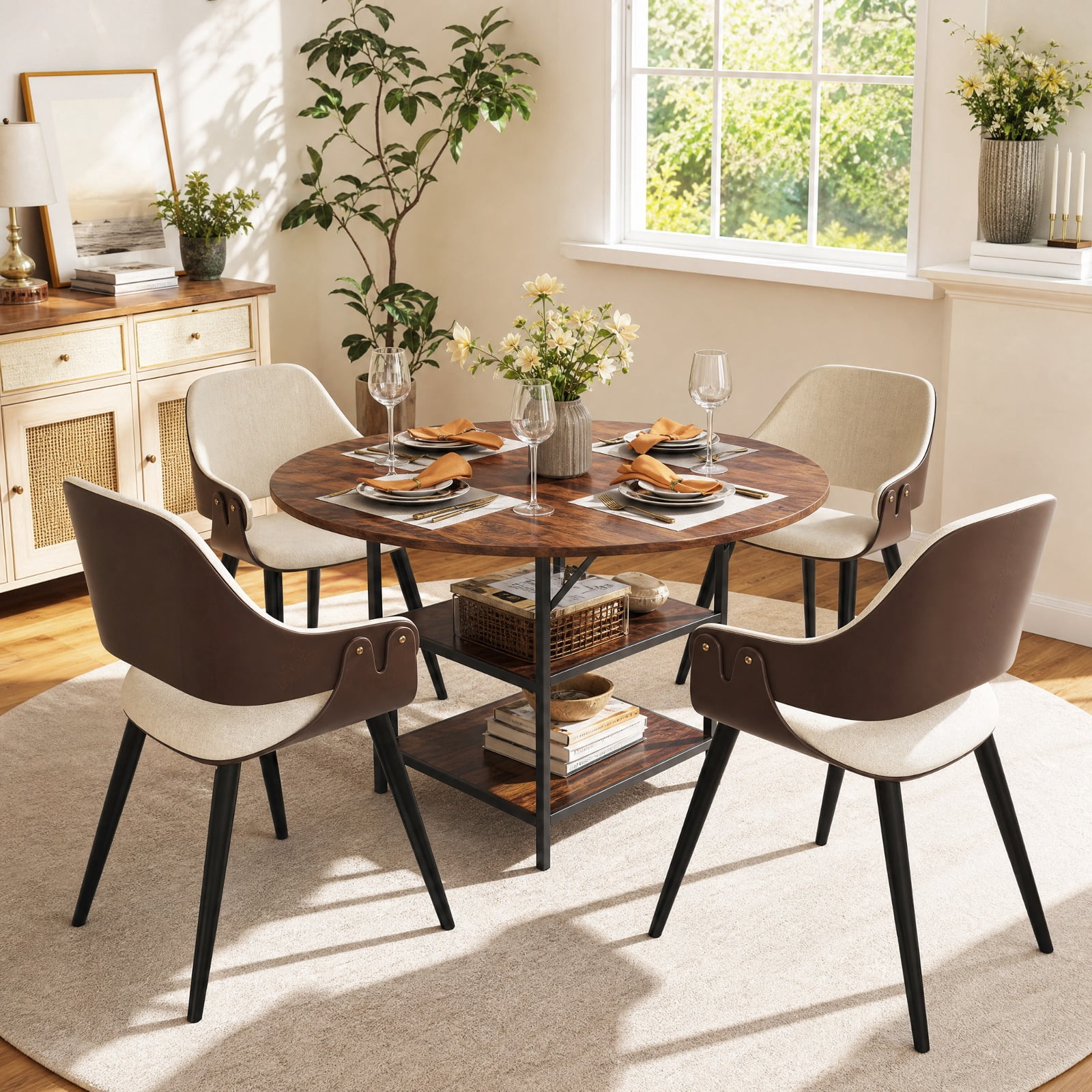 Furnibear 47 Inch Round Dining Table for 4 to 6 with 2 Tier Storage Shelves and Sturdy Metal Frame for Kitchen and Apartment, Rustic Brown