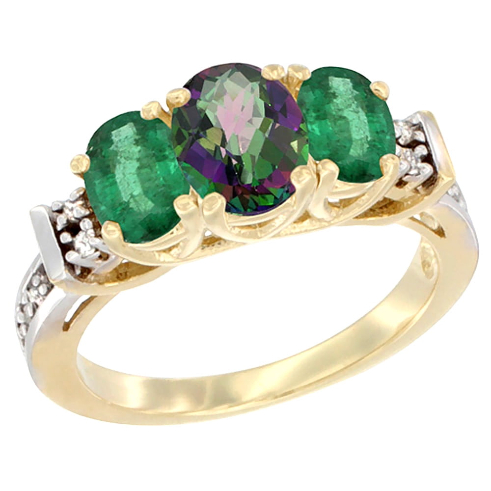 10K Yellow Gold Natural Mystic Topaz & Emerald Ring 3-Stone Oval Diamond Accent by WorldJewels