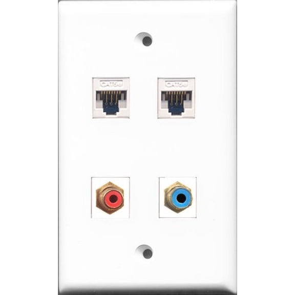 RiteAV - 1 Port RCA Red and 1 Port RCA Blue 2 Port Cat5e Ethernet White Wall Plate