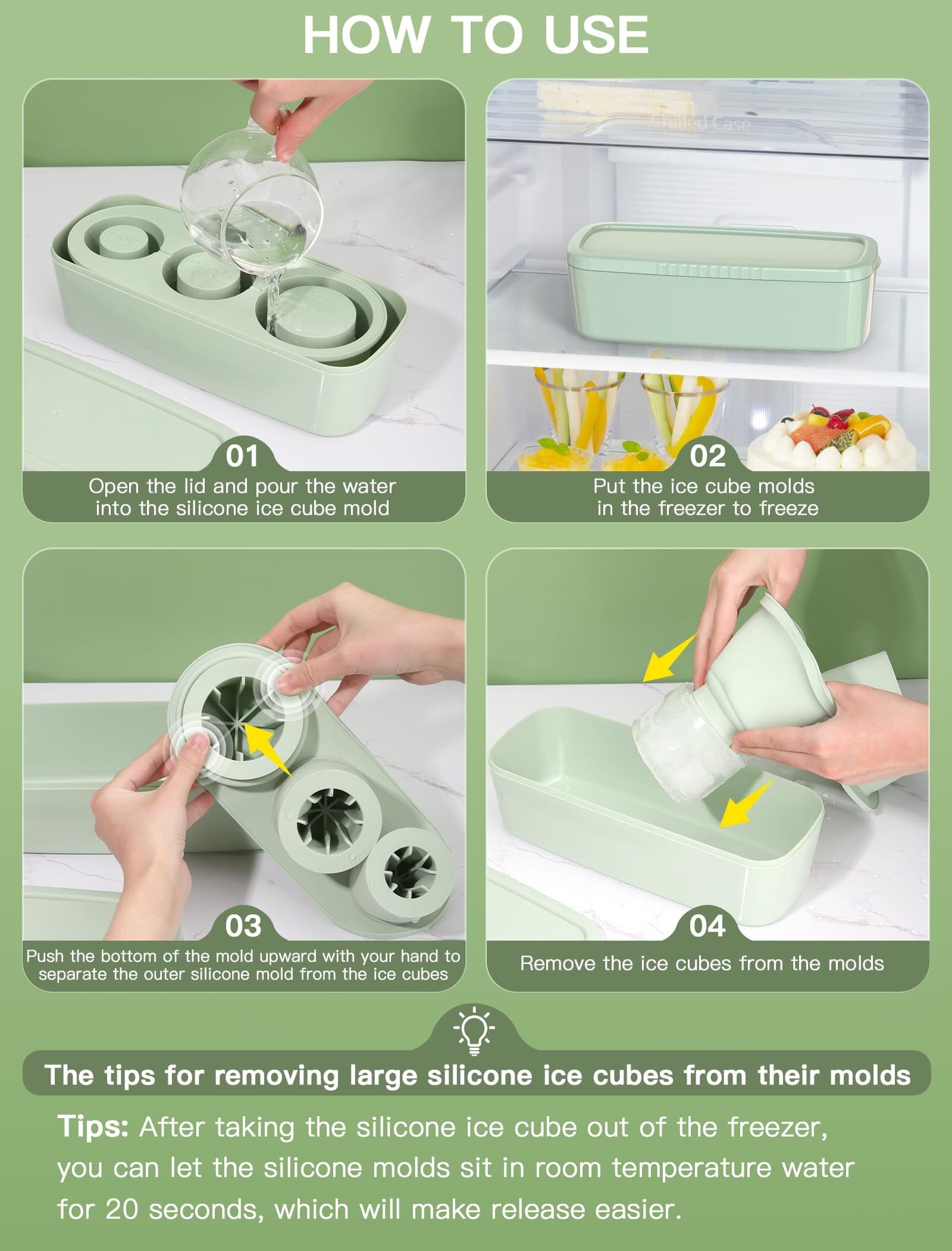 Ice Cube Tray For Tumbler Cup 30oz-40oz  3 Silicone Cylinder Mold With Lid And Bin Freezer Easy Fill Release Maker Cocktail (green 40oz-type1)