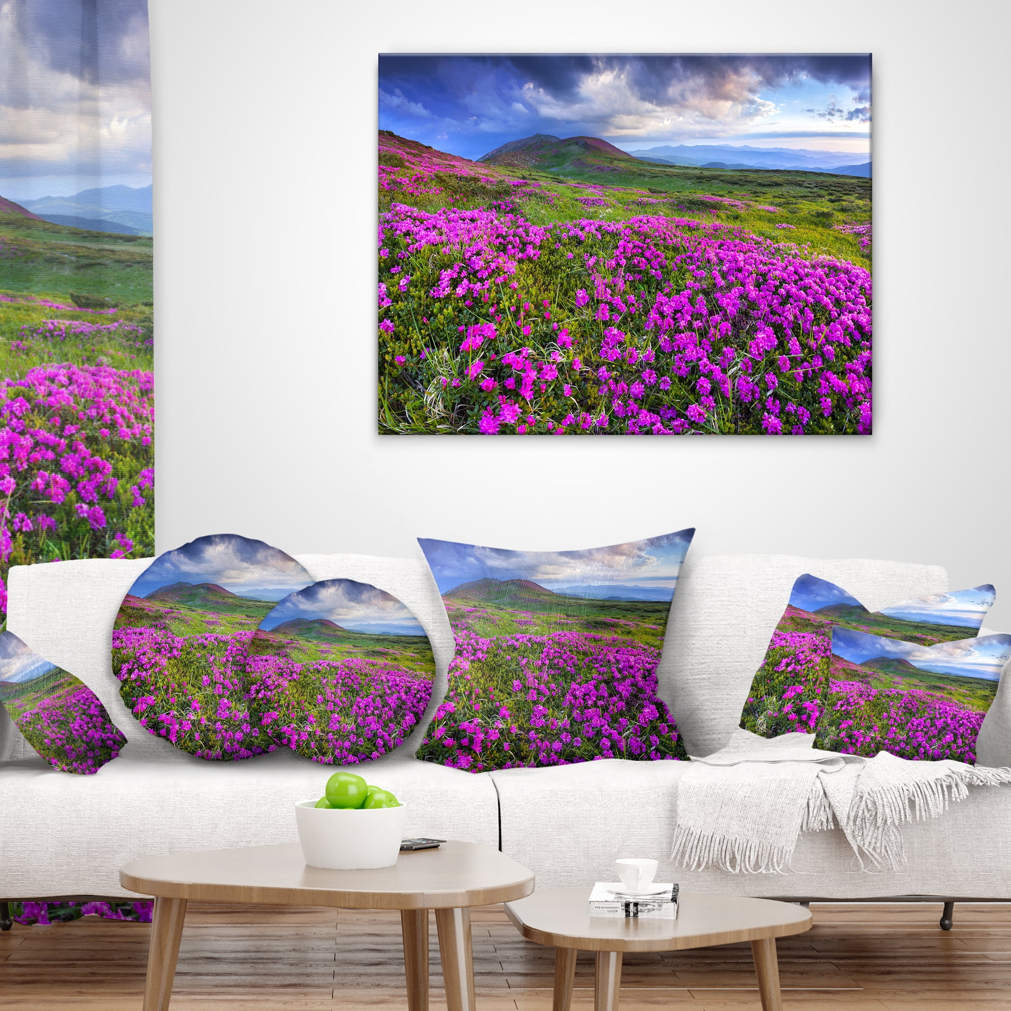 Designart Rhododendron Flowers in Mountains - Landscape Photography Throw Pillow - 16x16
