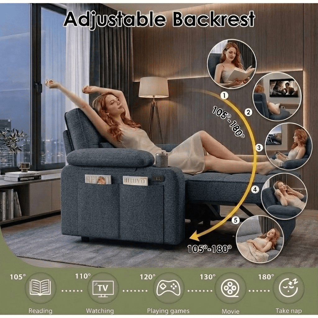 58" Convertible Sofa Bed Pull Out Couch Sleeper Loveseat with Teddy Fabric USB Charging Ports Adjustable Backrest Cup Holders and Side Pocket for Living Room Apartment Small Spaces,Dark Grey
