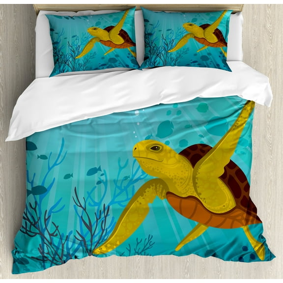 Turtle Duvet Cover Set, Cartoon Animal Under the Sea Silhouettes of Fish Sun Rays Coral, Decorative 3 Piece Bedding Set with 2 Pillow Shams, King Size, Turquoise Mustard Brown, by Ambesonne