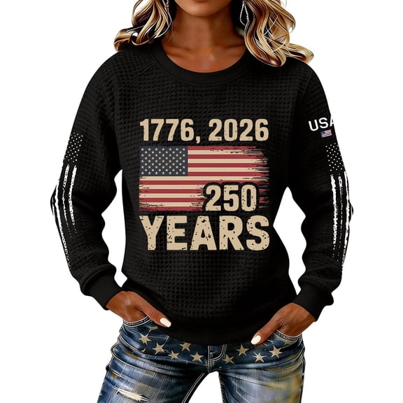 AHMOMEI 250 Anniversary USA Shirt Women's America 1776-2026 250th Anniversary Long Sleeve Waffle Knit 4th of July Sweatshirt for Women