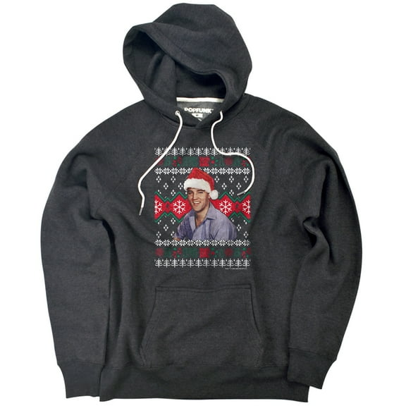 Elvis Ugly Christmas Sweater Unisex Adult Slim Fit Pull-Over Heather Hoodie, Charcoal, Small
