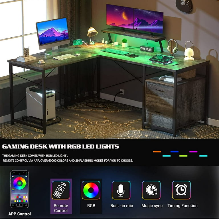 Unikito L Shaped Desk with LED Light and Power Outlet, Reversible Corner Computer  Table with Monitor Stand and Storage Shelf, Modern L- Shaped Gaming Desk,  Ergonomic Home Office Desk, Rustic Brown 