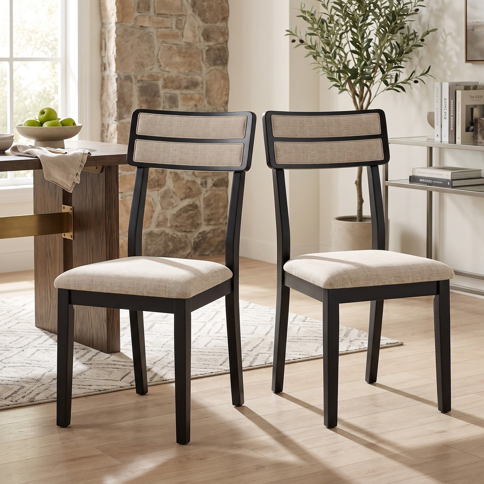Furnibear Modern Dining Chairs Set of 2, Upholstered Linen-Feel Fabric Kitchen Chairs with Tilt Backrest and Solid Rubber Wood Legs, Padded Accent Side Chairs, Black