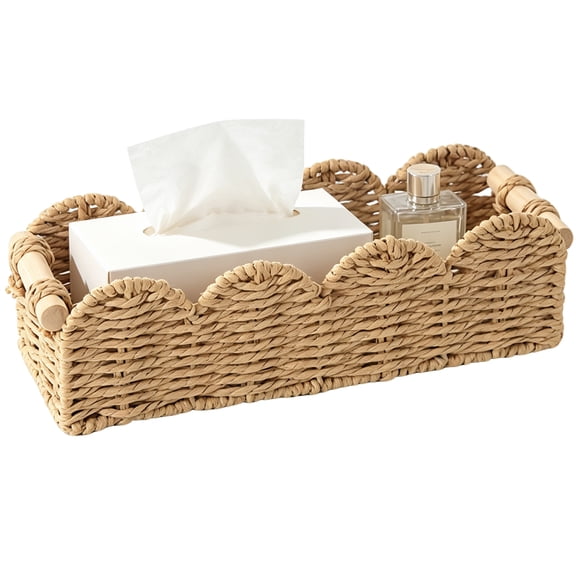 Woven Storage Basket Paper Rope Scallop Organizer Bin with Handles for Bathroom