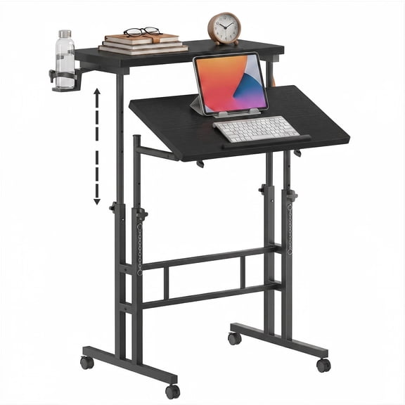 SHOUFTW Mobile Standing Desk, Adjustable Height Rolling Computer Desk for Home Office, Portable Treadmill Sit Stand Workstation, Black
