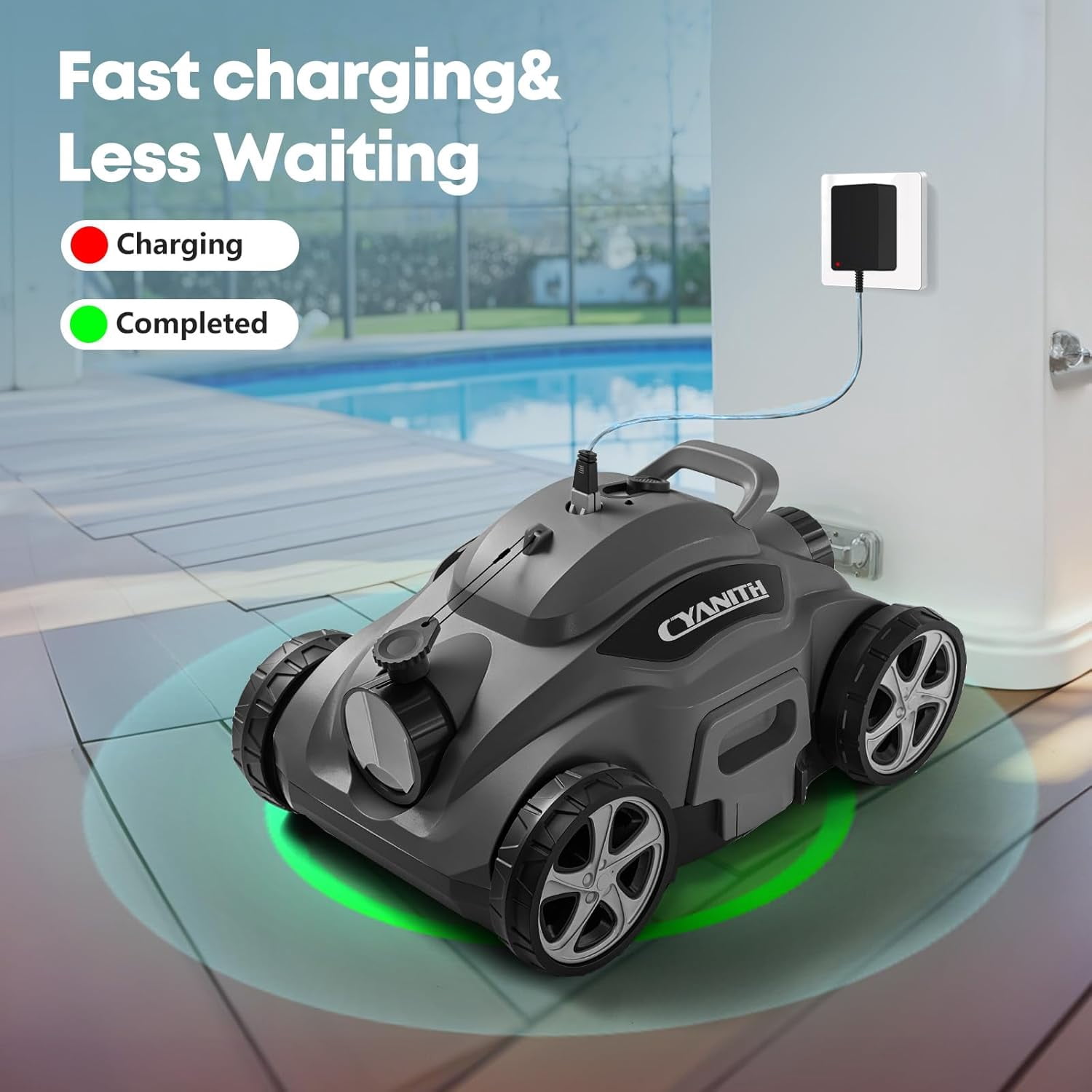 Cyanith MF-PC01 Cordless Robotic Pool Cleaner, 110-Min Runtime, Self-Parking, for Above-Ground & Flat-Bottom Inground Pools up to 1026 sq ft, Gray