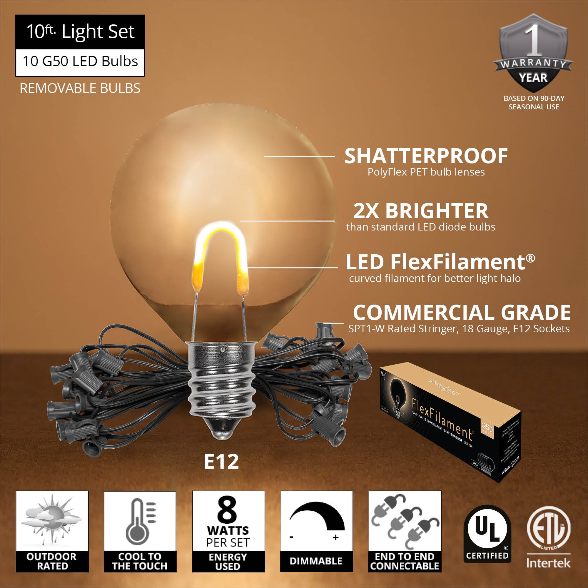 Wintergreen Lighting FlexFilament Edison Bulb Shatterproof G50 Globe String Lights, 10 ft, 10 Lights