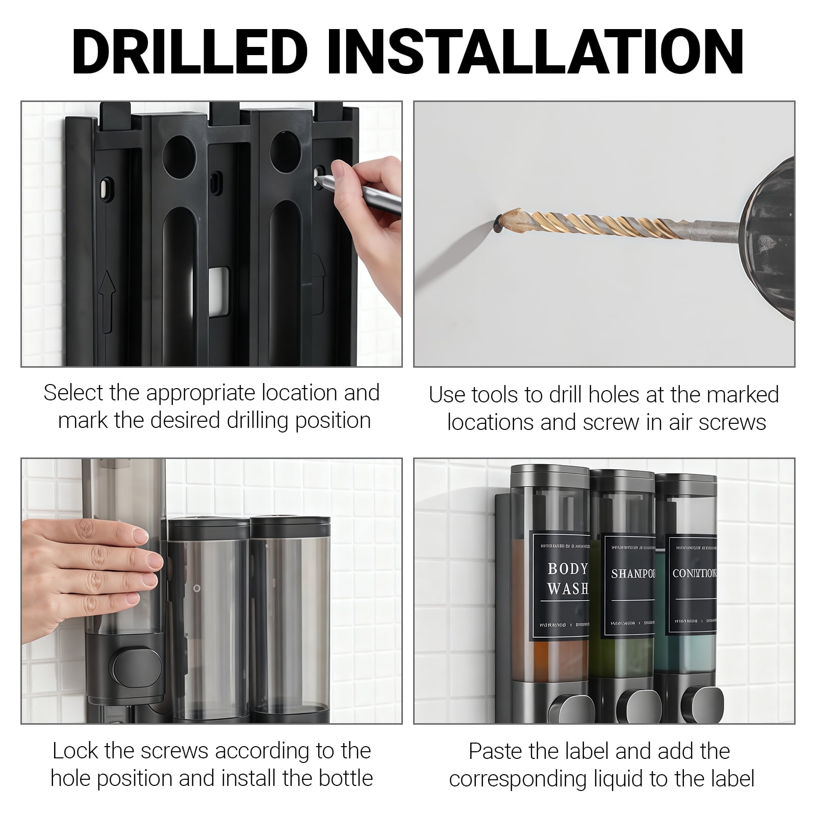 No Drill Wall Mounted Soap Dispenser with Labels