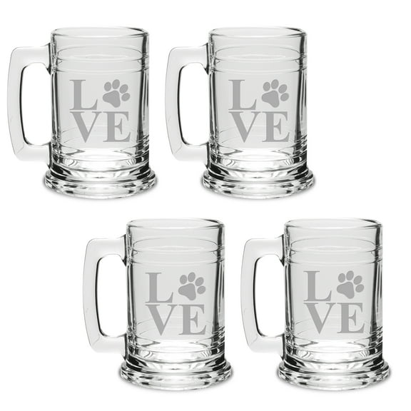 Paw Print Love Deep Etched Glass Tankard Mug Set of 4