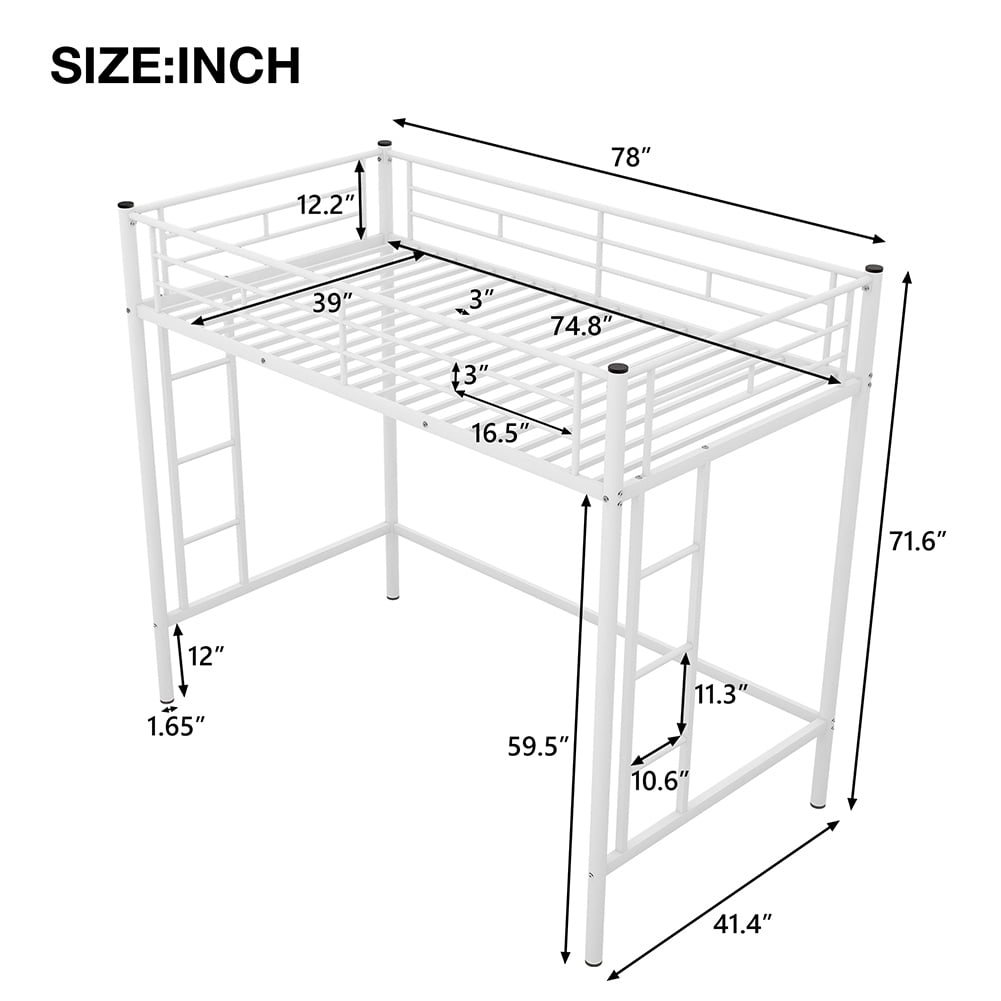 Kadyn Twin Loft Bed, Metal Bed with Rails & Ladders on Both Sides, White