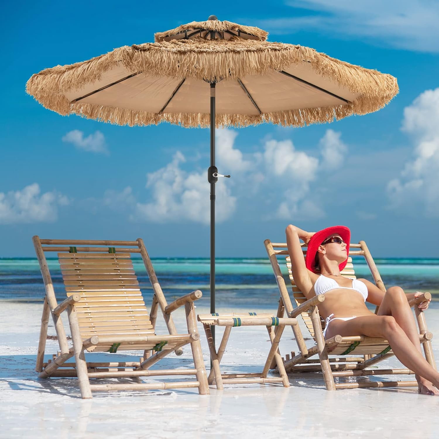 RELAX4LIFE 9FT Thatched Tiki Patio Umbrella - 2-Tier Hawaiian Hula Style Beach Umbrella w/8 Ribs, Tilt Adjustment & Crank Lift, Straw Grass Pool Umbrellas, Tropical Palapa Tiki Umbrella Outdoor Patio