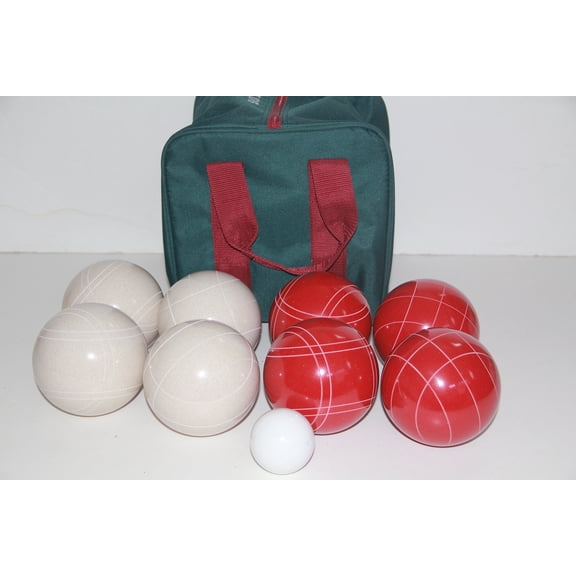 Italian/American Made, 110mm EPCO Bocce Set - Rustic White/Red Balls and Maroon/Green Bag