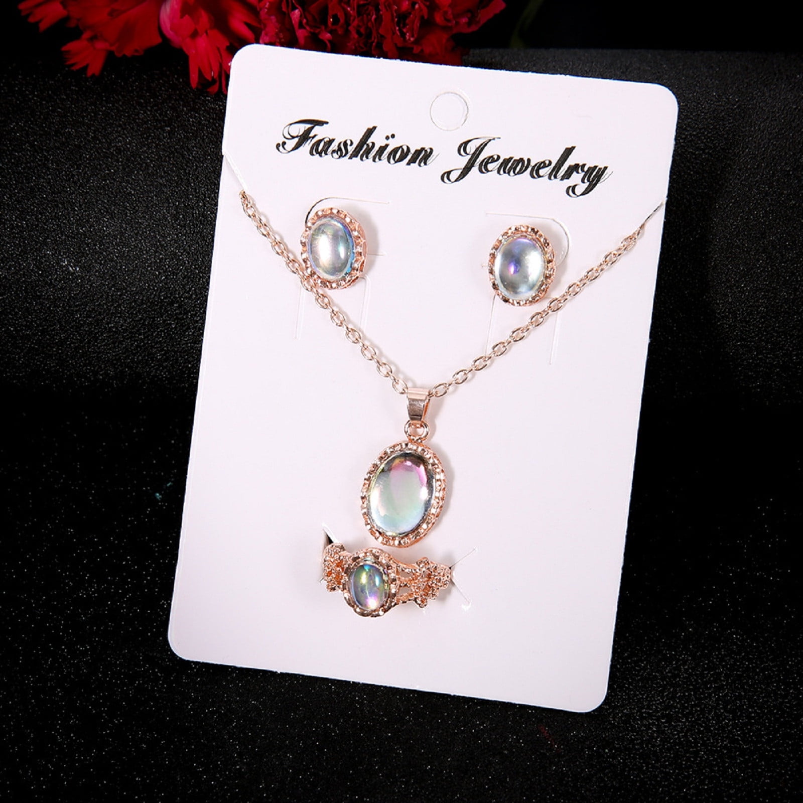 Rose Gold Cubic Zirconia Jewelry Set For Women - Ring, Earrings & Pendant Necklace - View #2