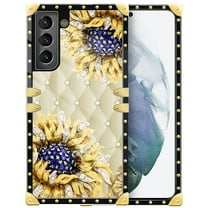 FKBRCL4U Compatible with Samsung Galaxy S21 Plus Case, Sunflower Diamonds Leather Luxury Golden Decoration for Girl Women Soft TPU Shockproof Protective Hard PC Back