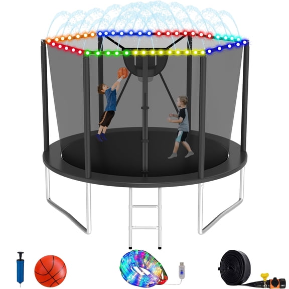 Elitezip Trampoline for Kids and Adults, 10FT 12FT 16FT 14FT Outdoor Trampolines with Enclosure Net, Basketball Hoop, Ladder, Light, Sprinkler, Backyard Recreational Trampoline, Easy to Install