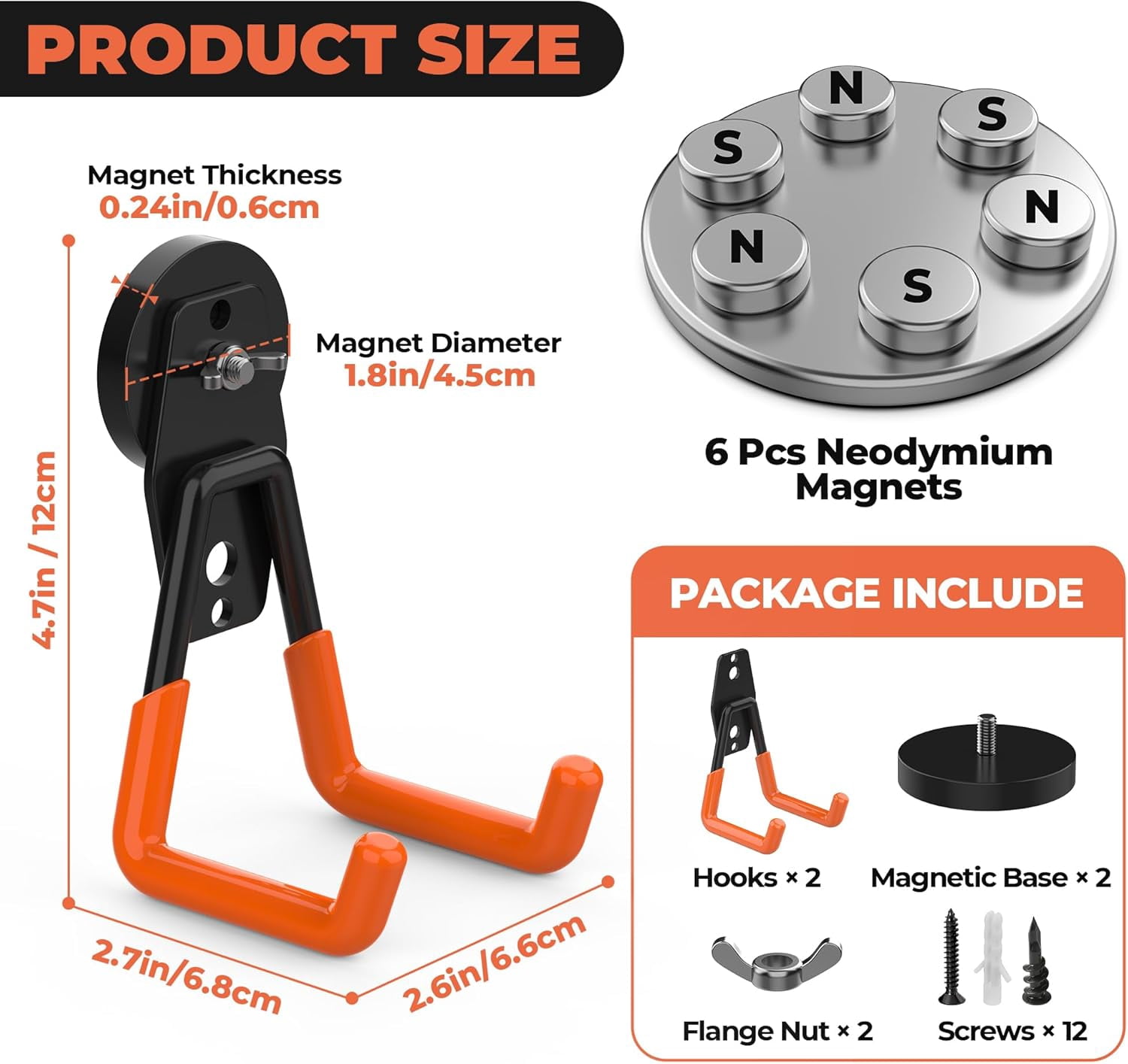 JJEAN-2 Pack Heavy Duty Magnetic Hooks, Large Strong Magnet Hooks with Anti-Slip Rubber Coating, No Drill Magnetic Tool Hanger for Garage, Workshop, Tool Cart and Garden Tools Organization(Orange)