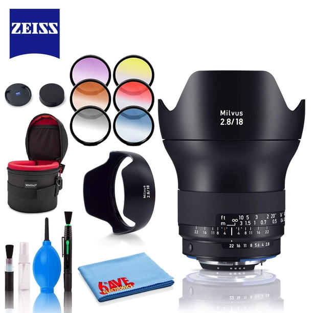 Zeiss Milvus 18 mm f/2.8 ZF.2 Lente para cámaras Nikon F Mount Incluye filtros de lente macro de primer plano de 77 mm + estuche de lente resistente + kit de limpieza de lujo Zeiss 2096-516