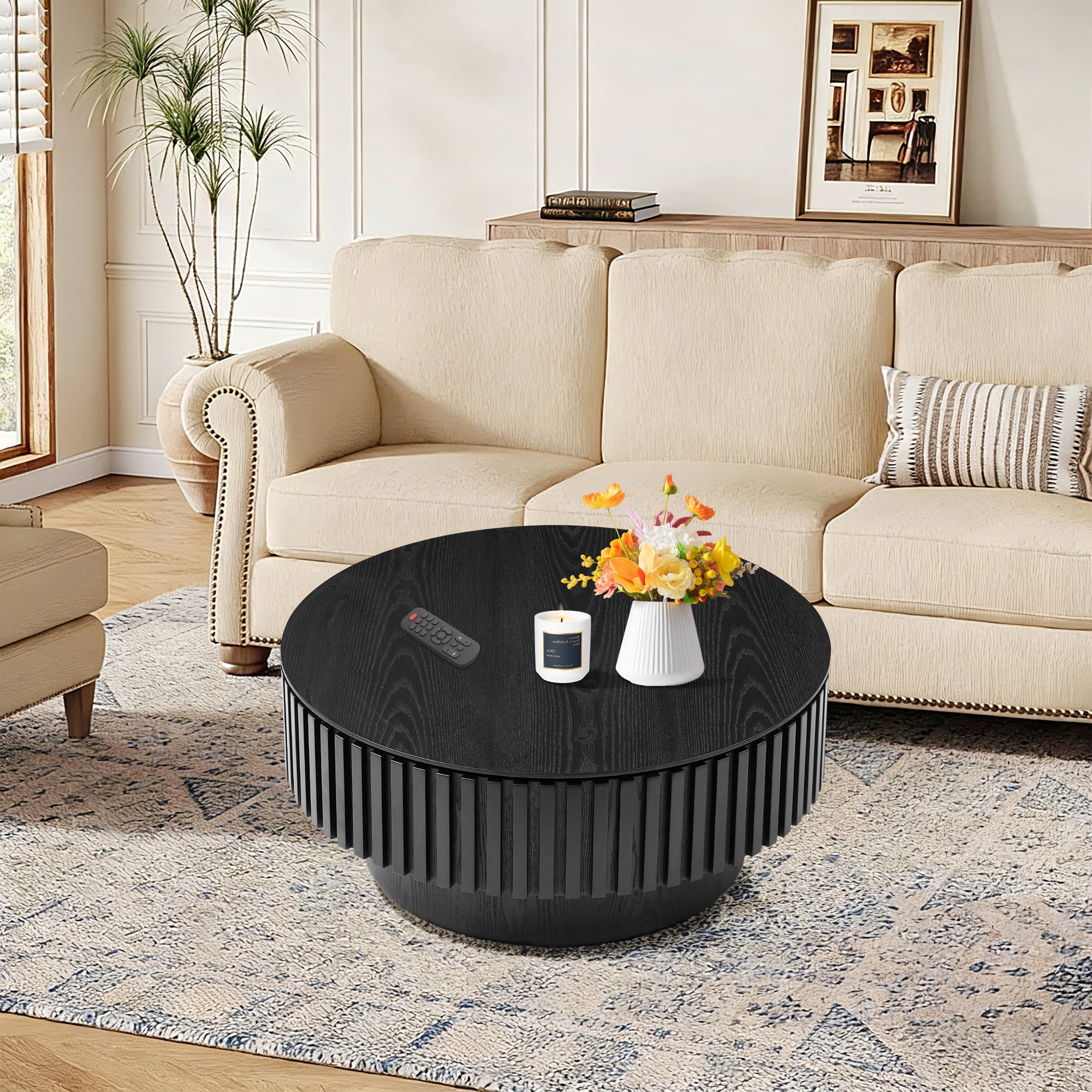 FFH 31.5" Round Coffee Table with Storage, Small Wood Coffee Table with Sturdy Pedestal for Living Room, Apartment, Black