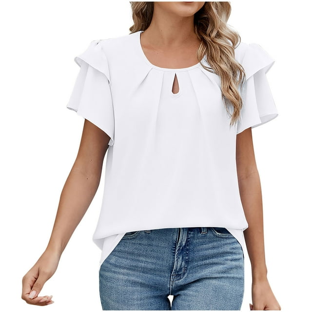SwiftWear Tees for Women 2025 New T Shirts Ruffle Short Sleeve Round Neck Loose Blouse Summer Solid Color Casual Tee Tops