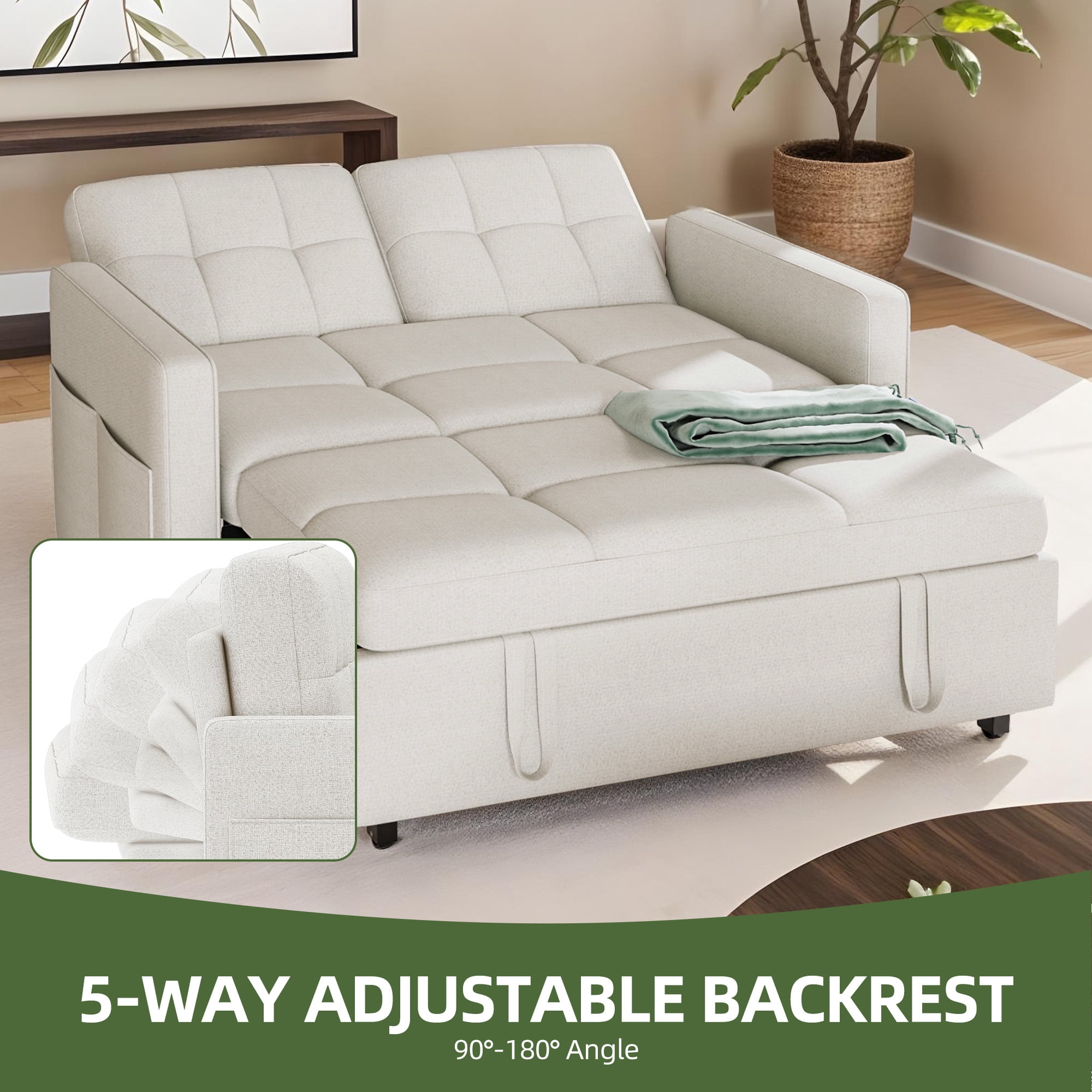 Uforic 55" Modern Convertible Sofa Bed with Pull Out Bed, Upholstered Loveseat Sofa Couch with Adjustable Backrest, White