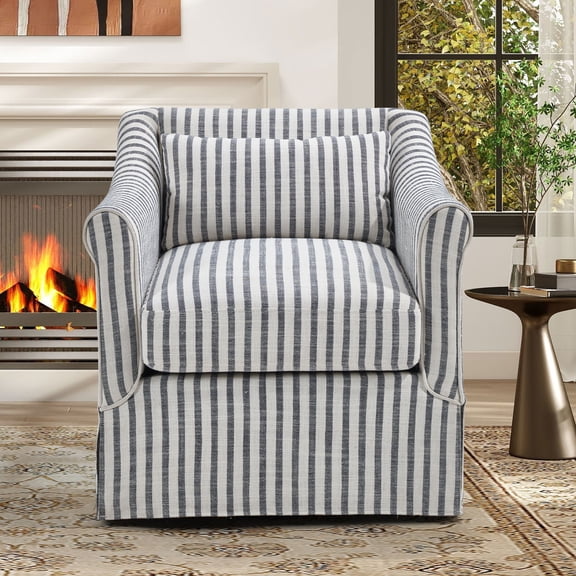 DFA 360° Swivel Striped Accent Chair, Upholstered Fabric Leisure Armchair with Lumbar Pillow & Removable Cushions, Single Sofa Chair for Living Room Bedroom, Blue Stripe
