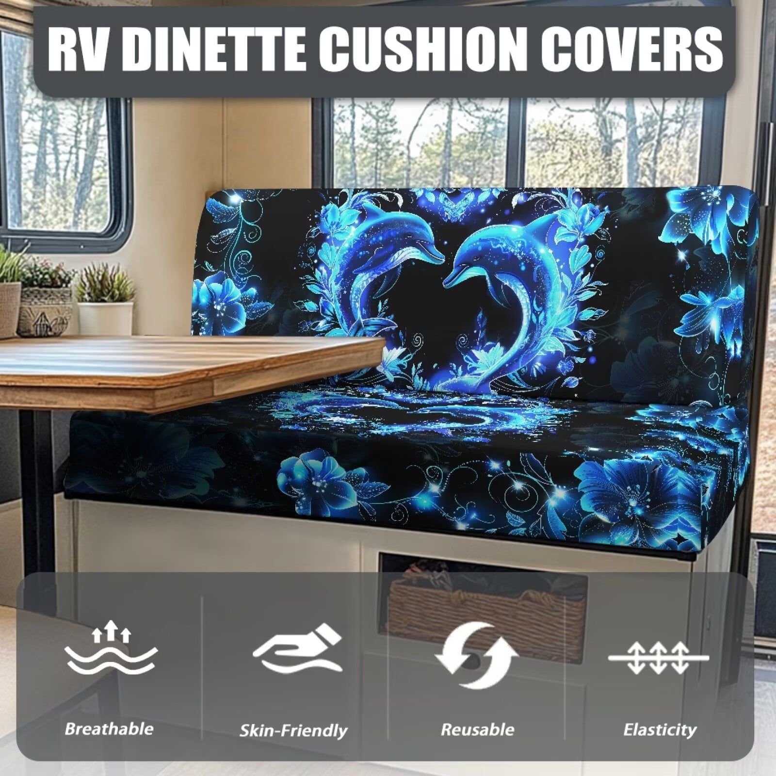 XYZCANDO Dolphin RV Dinette Cushion Covers Universal Camper Decor Washable Couch Cushion Covers Comfortable Furniture Covers for Sofa and Loveseat Couch Cover 2 Cushion Sofa Camper Must Haves Black