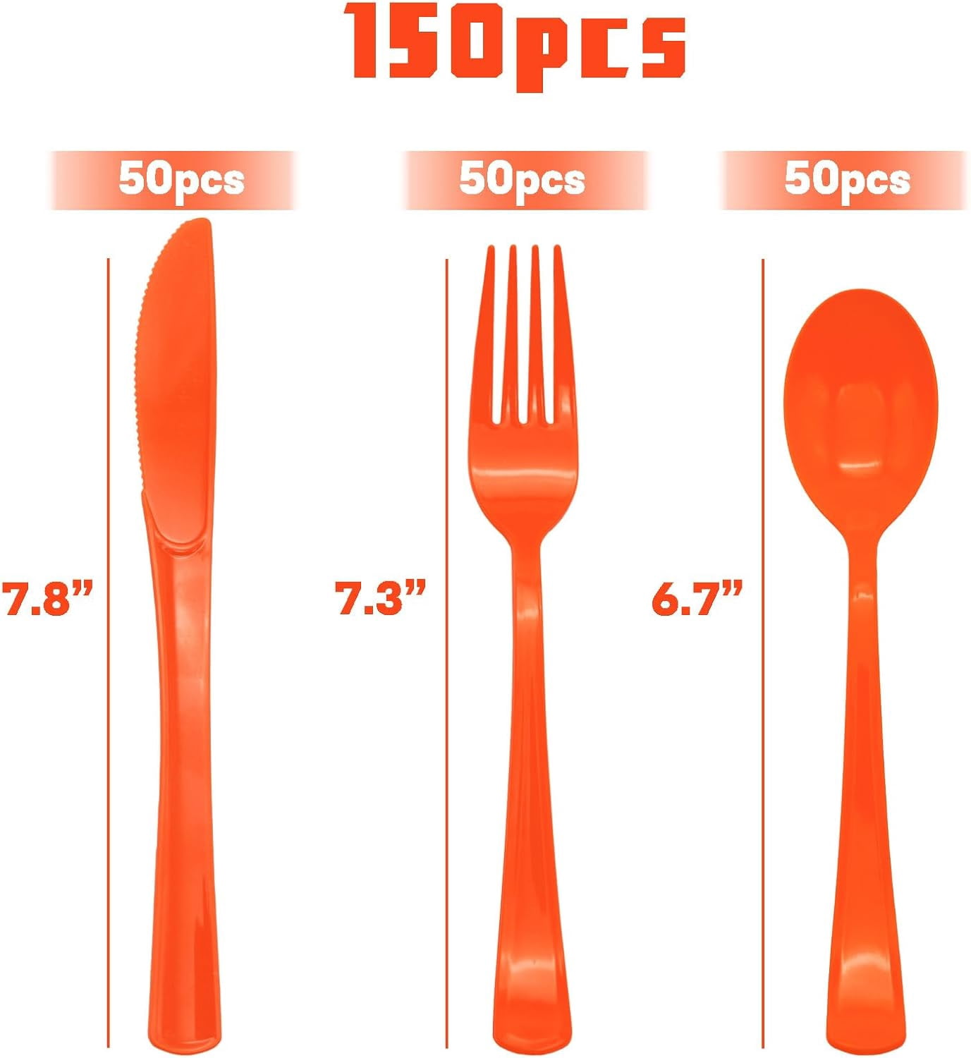 TRA-150 Pack Orange Plastic Silverware, Orange Plastic Cutlery Includes 50 Forks, 50 Spoons, 50 Knives for Birthday, Fall Party, Halloween, Thanksgiving