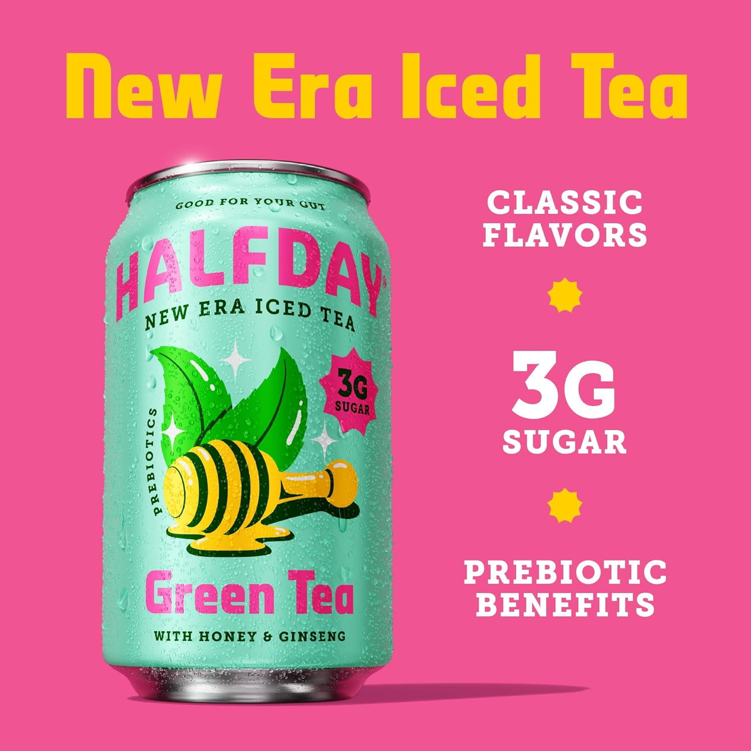 Halfday Green Tea, Prebiotic Iced Tea, 12oz Cans (12-Pack)