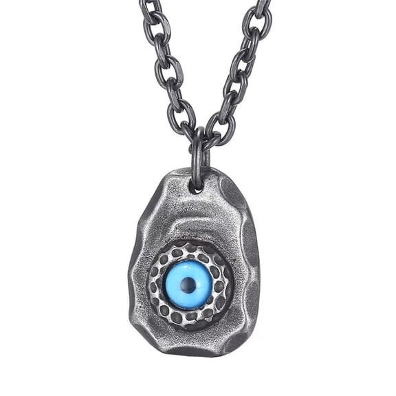 PAMTIER Unisex Stainless Steel Creative Personality Wishing Stone Demon Blue Devil's Eye Gemstone Lucky Pendant Necklace, Vintage Punk with Chain