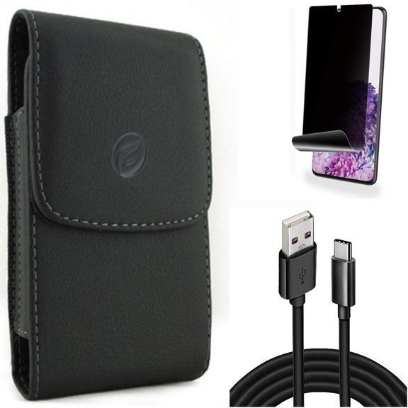 10ft USB Cable w Privacy Screen Protector w Case Belt Clip for Samsung Galaxy S20 Plus - Type-C Charger Cord Power, TPU Film [NOT GLASS] [Fingerprint Works], Leather Holster fits Galaxy S20 Plus