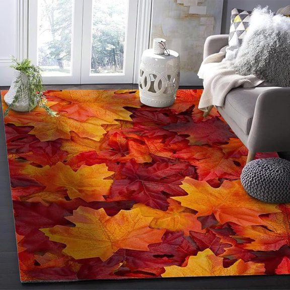 Natural Scenery Fall Leaves Forest Area Rug, Thanksgiving Autumn Leaves Red Non Slip Living Room Rugs, Breathable Durable Carpet for Indoor Bedroom Conference Room Rug-1x2ft