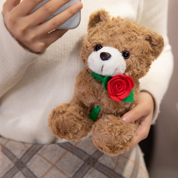 Bear Stuffed Animal,Rose Bear,8IN Bear Doll Teddy Bear Rose Bear Doll Birthday Gift,Plush Bear with Rose,Cute Small Bear Soft Stuffed Animal Plush Doll for Valentines Wedding(Brown A)