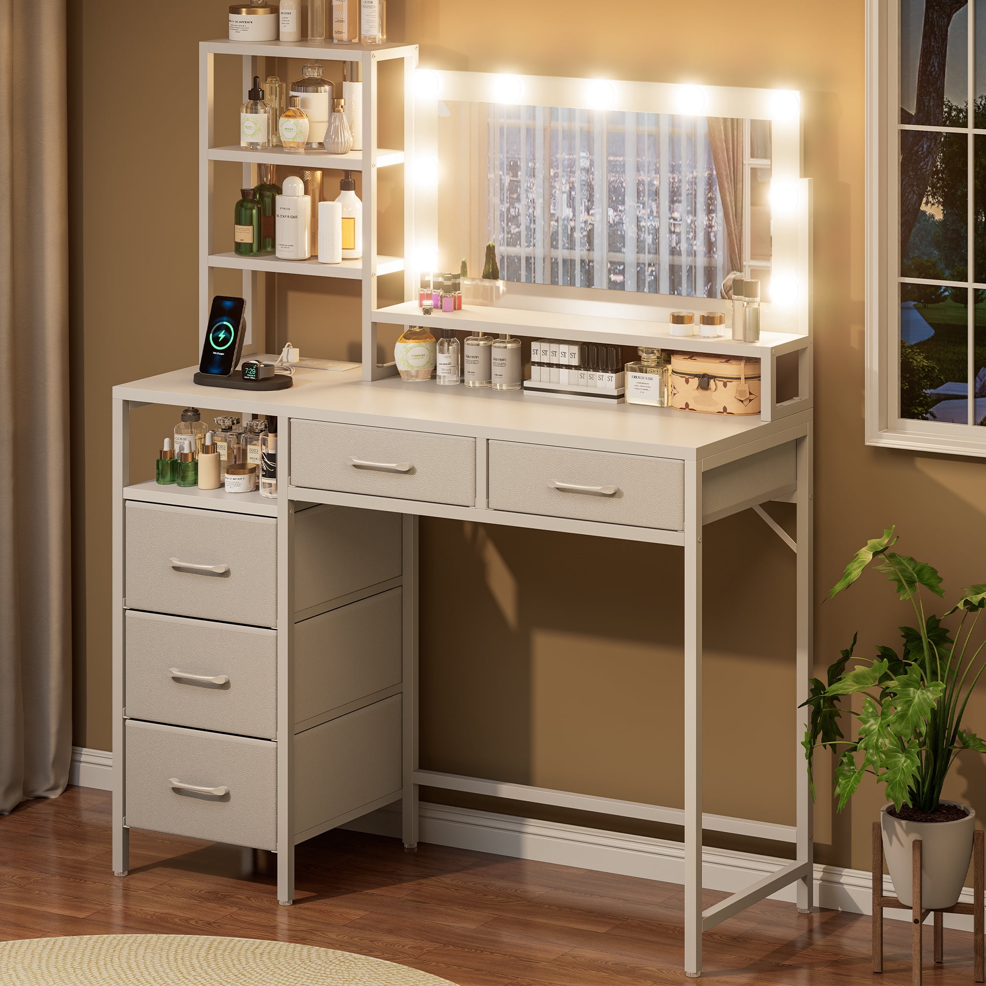 Vanity Desk with Mirror, 9 Lights, 3 Color Modes with Adjustable Brightness, 5 Spacious Fabric Drawers & Storage Shelves, Makeup Vanity with Power Outlets, Modern Vanity Table for Bedroom, White