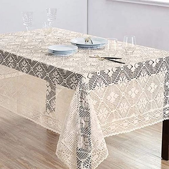Fennco Styles Handmade Crochet Diamond Pattern Tablecloth 65" W x 88" L - Ecru Table Cover for Home, Dining Table, Banquet, Holiday and Special Occasion
