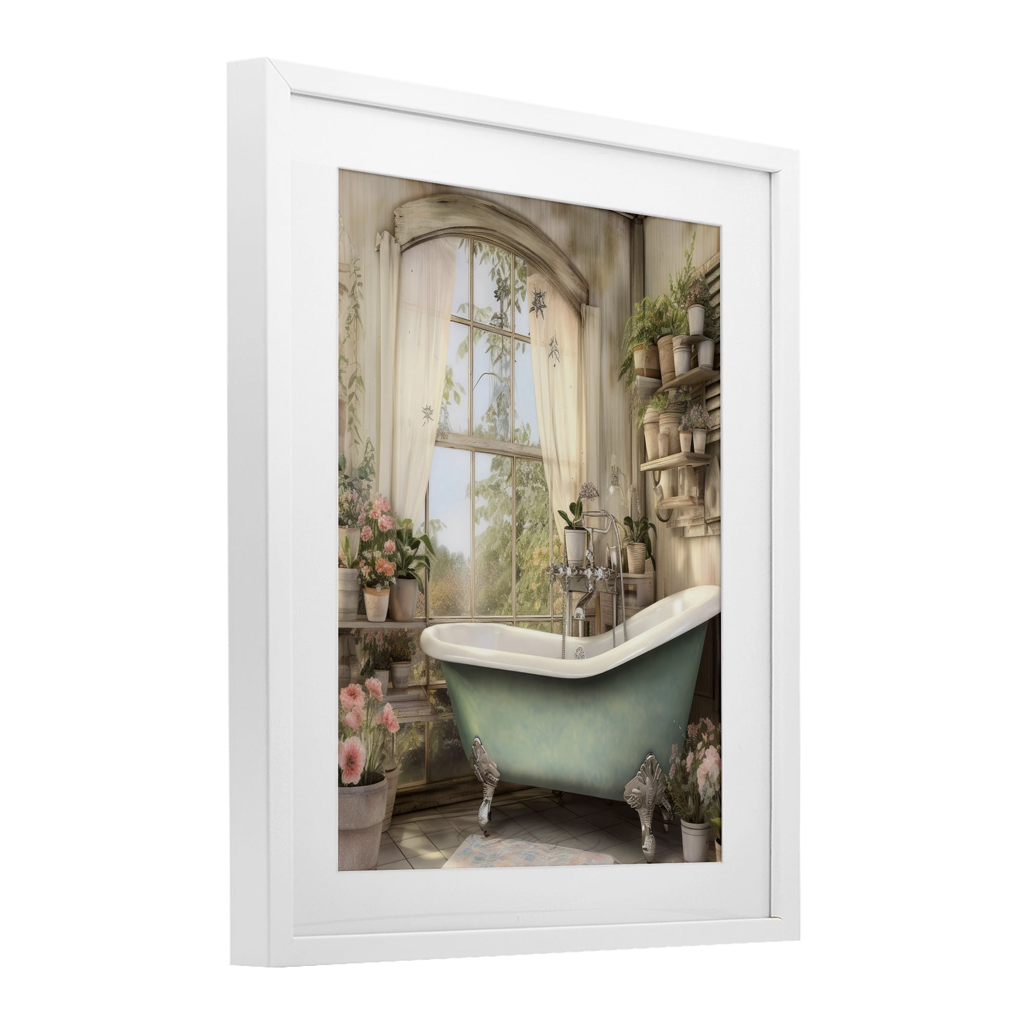 Bathroom with Floral Filled Shelves White Framed Print Under Glass, design by Lettered and Lined