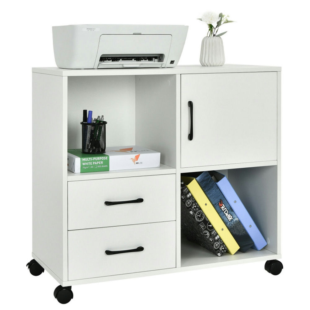 Demi Bonn Mobile File Cabinet with Lateral Printer Stand and Storage Shelves, Wood Filing Cabinet for Home Office, White