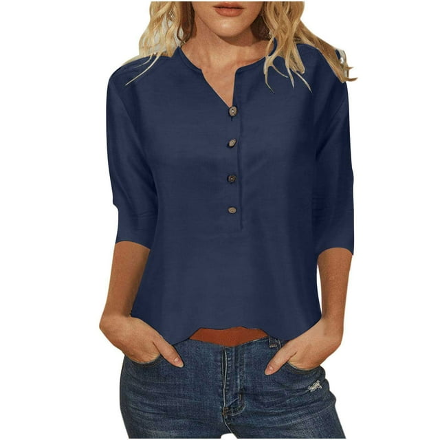 Timegard Tops for Women Notched V-Neck Button 3/4 Sleeve Solid Color Comfy Summer Casual Loose Tops