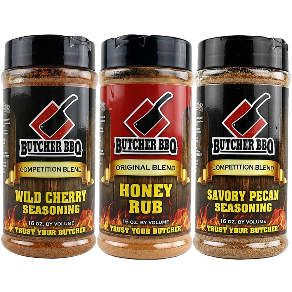 Butcher BBQ 16 Oz Honey Rub Wild Cherry Rub & Savory Pecan Dry Rub