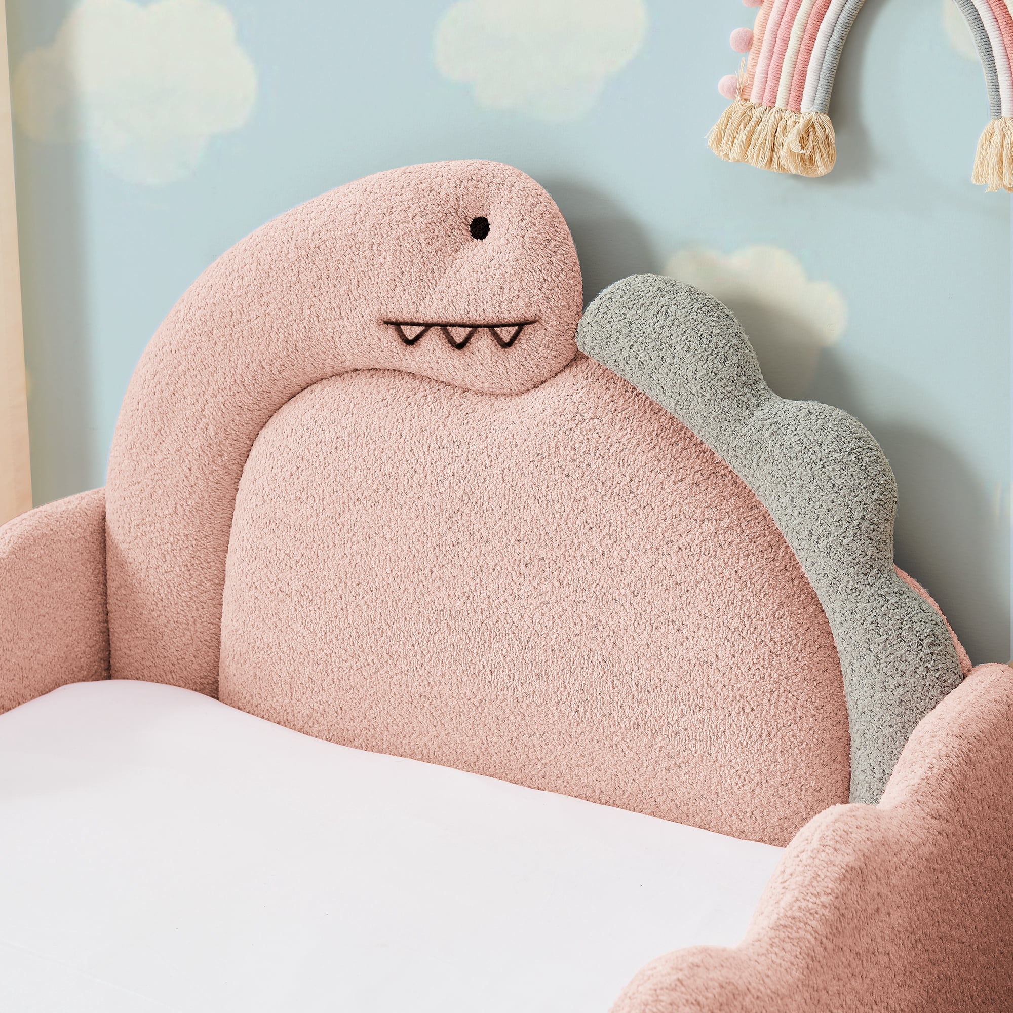 Avobird Twin Size Cute Dinosaur-Shaped Kids Bed with Safety Guardraild, Solid Wood Toddler Bed Frame for Children for Bedroom, Boucle Fabric, Pink