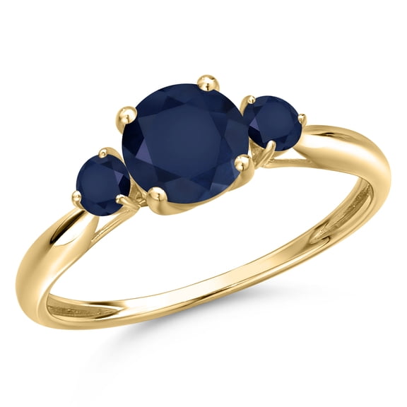 Gem Stone King 10K Yellow Gold Blue Sapphire 3-Stone Ring for Women | 1.40 Cttw | Round 6MM | Gemstone September Birthstone | Size 7