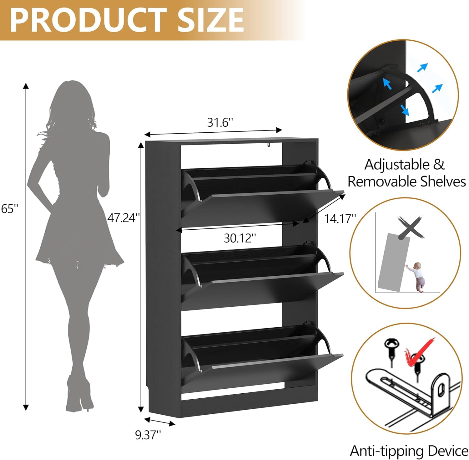 FANRAL Shoe Rack for Closet,Black Shoe Storage Cabinets with Flip Drawer,Slim Entryway Shoe Organizer with Flip Doors for Slippers Sneakers and High Heels
