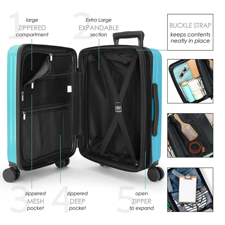 Storagebud 20 inch Hardside Carry-On Expandable Luggage, Front Pocket Luggage Set Spinner Suitcase Set, Teal, Size: Large, Blue