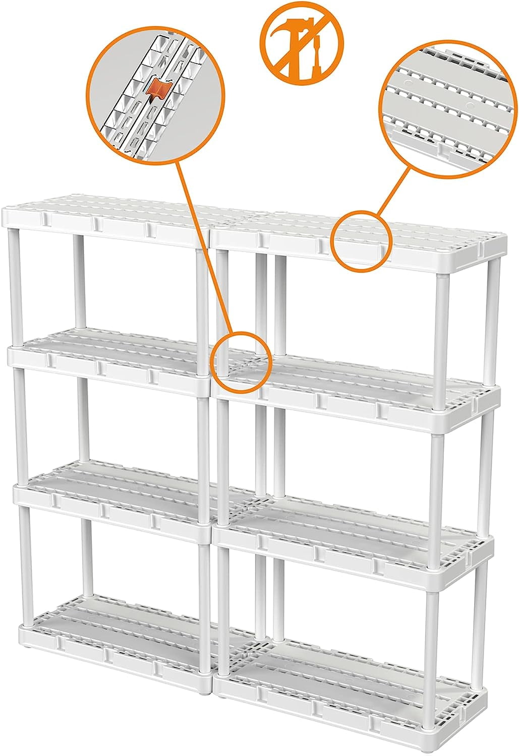 Happyyeah 2 Pack Light Duty Storage Shelves, Knect-A-Shelf 4-Shelf Ventilated Shelving Rack Organizer for Home, Garage, Basement & Laundry, White