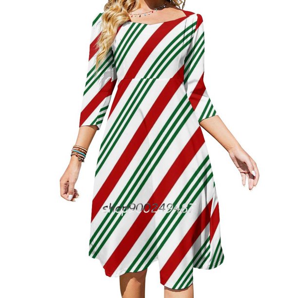 Vestido elegante dulce estilo 1 con rayas de bastón de caramelo en rojo y verde para mujer, vestido coreano kawaii con cuello cuadrado y menta navideña
