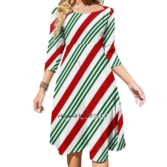 Vestido elegante dulce estilo 1 con rayas de bastón de caramelo en rojo y verde para mujer, vestido coreano kawaii con cuello cuadrado y menta navideña